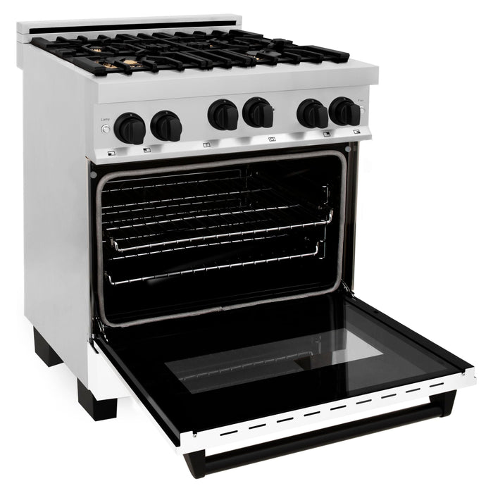 ZLINE Ranges ZLINE Autograph Edition 30 in. 4.0 cu. ft. Gas Range In Stainless Steel with White Matte Door and Matte Black Accents RGZ-WM-30-MB