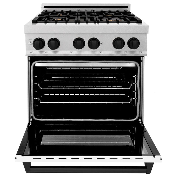 ZLINE Ranges ZLINE Autograph Edition 30 in. 4.0 cu. ft. Range with Gas Stove and Electric Oven In DuraSnow with White Matte Door and Matte Black Accents RASZ-WM-30-MB
