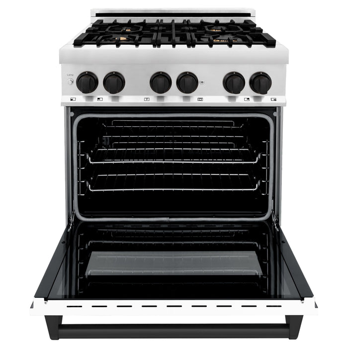ZLINE Ranges ZLINE Autograph Edition 30 in. Dual Fuel Range with Gas Stove and Electric Oven with White Matte Door and Matte Black Accents RAZ-WM-30-MB