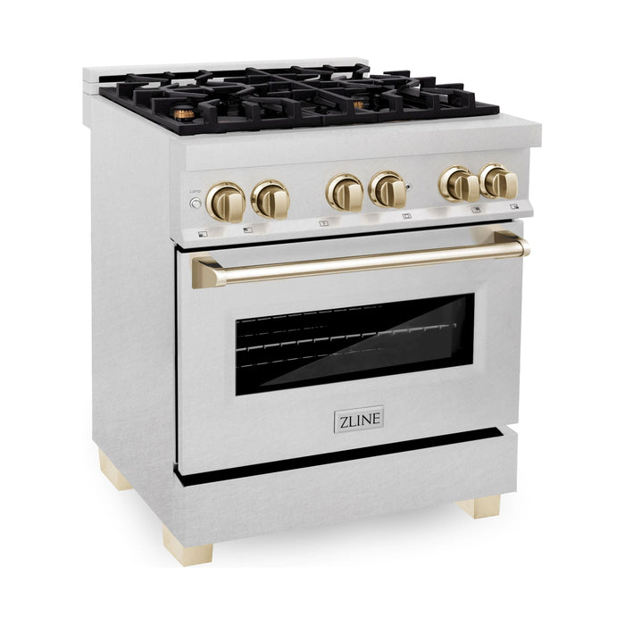 ZLINE Ranges ZLINE Autograph Edition 30 in. Range with Gas Burner and Electric Oven In DuraSnow Stainless Steel with Gold Accents RASZ-SN-30-G