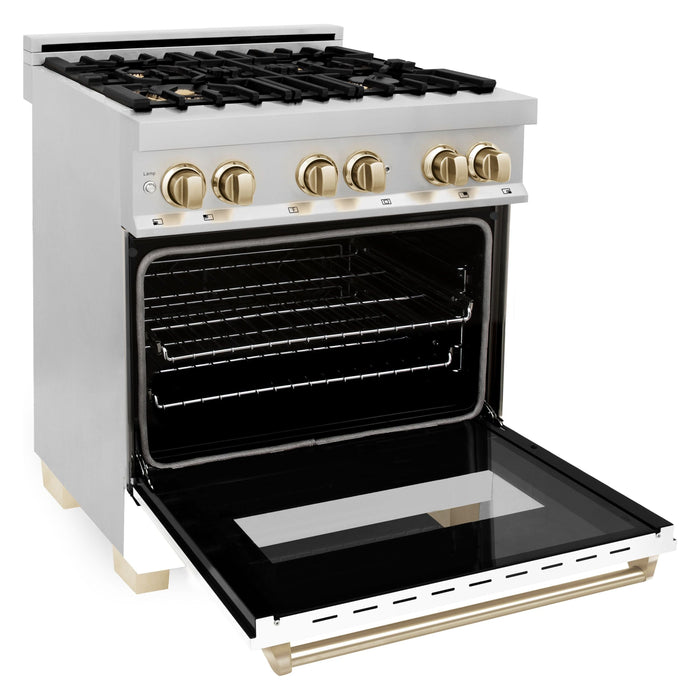 ZLINE Ranges ZLINE Autograph Edition 30 in. Range with Gas Burner and Electric Oven In Stainless Steel with White Matte Door and Gold Accents RAZ-WM-30-G