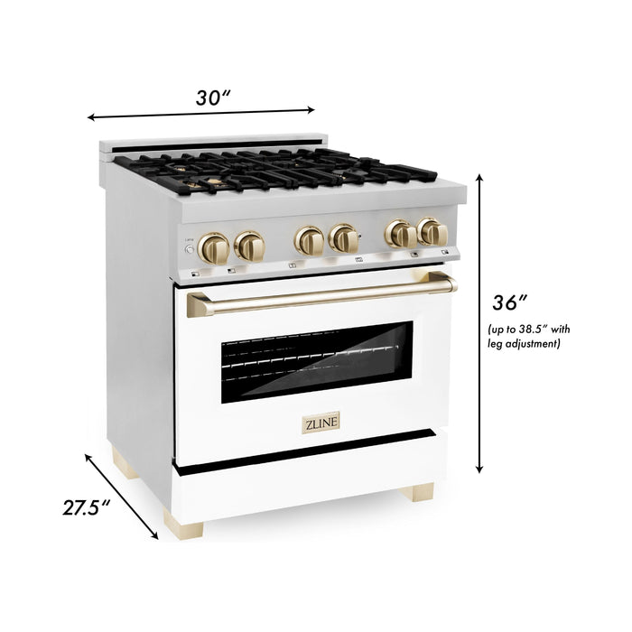 ZLINE Ranges ZLINE Autograph Edition 30 in. Range with Gas Burner and Electric Oven In Stainless Steel with White Matte Door and Gold Accents RAZ-WM-30-G