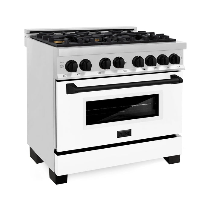 ZLINE Ranges ZLINE Autograph Edition 36 in. 4.6 cu. ft. Dual Fuel Range with Gas Stove and Electric Oven with White Matte Door and Matte Black Accents RAZ-WM-36-MB