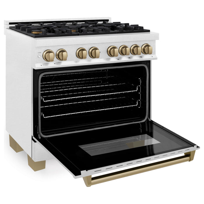 ZLINE Ranges ZLINE Autograph Edition 36 in. 4.6 cu. ft. Range with Gas Stove and Electric Oven In DuraSnow with Champagne Bronze Accents RASZ-SN-36-CB