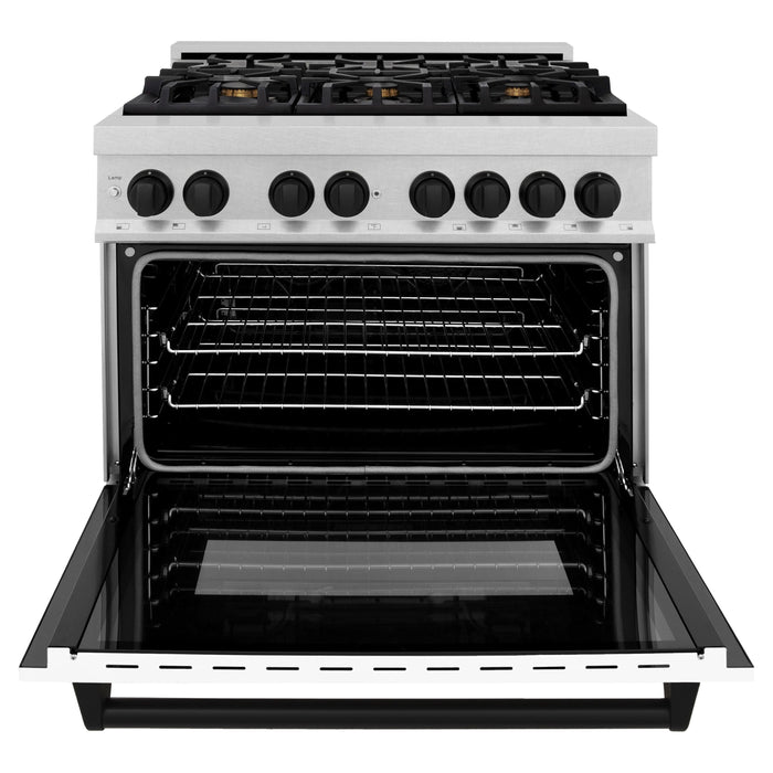 ZLINE Ranges ZLINE Autograph Edition 36 in. 4.6 cu. ft. Range with Gas Stove and Electric Oven In DuraSnow with White Matte Door and Matte Black Accents RASZ-WM-36-MB
