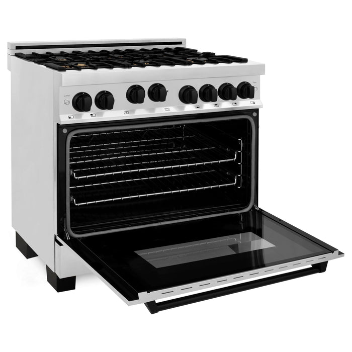 ZLINE Ranges ZLINE Autograph Edition 36 in. 4.6 cu. ft. Range with Gas Stove and Gas Oven In Stainless Steel with Matte Black Accents RGZ-36-MB