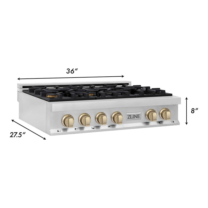 ZLINE Rangetops ZLINE Autograph Edition 36 in. Gas Rangetop in Stainless Steel and Gold Accents RTZ-36-G