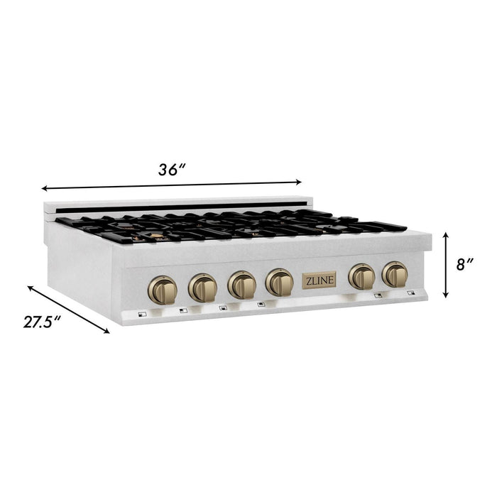 ZLINE Rangetops ZLINE Autograph Edition 36 In. Rangetop with 6 Gas Burners in DuraSnow® Stainless Steel and Champagne Bronze Accents, RTSZ-36-CB