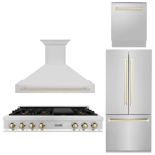 ZLINE Kitchen Appliance Packages ZLINE Autograph Gold Package - 48" Rangetop, 48" Range Hood, Dishwasher, Built-In Refrigerator