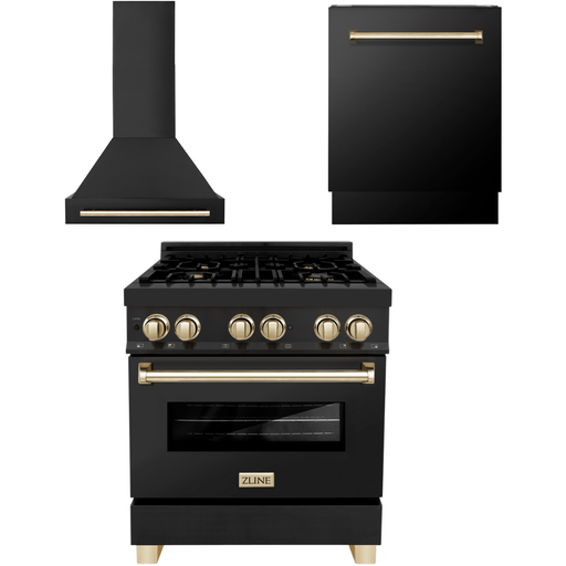 ZLINE Kitchen Appliance Packages ZLINE Autograph Package - 30 In. Dual Fuel Range, Range Hood, and Dishwasher in Black Stainless Steel with Gold Accents, 3AKP-RABRHDWV30-G
