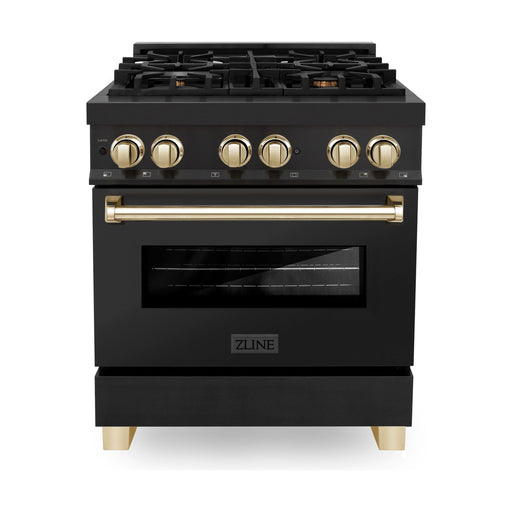 ZLINE Kitchen Appliance Packages ZLINE Autograph Package - 30 In. Dual Fuel Range, Range Hood, Refrigerator, and Dishwasher in Black Stainless Steel with Gold Accents, 4AKPR-RABRHDWV30-G