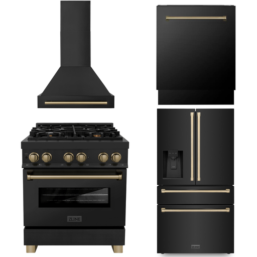 ZLINE Kitchen Appliance Packages ZLINE Autograph Package - 30 In. Dual Fuel Range, Range Hood, Refrigerator with Water and Ice Dispenser and Dishwasher in Black with Bronze Accents, 4KAPR-RABRHDWV30-CB