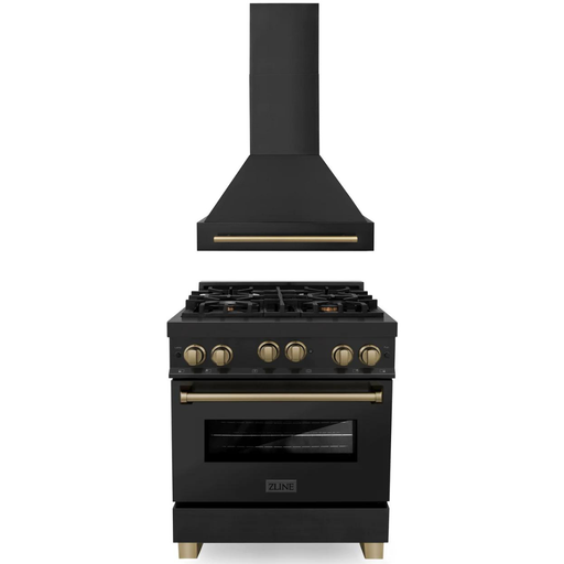 ZLINE Kitchen Appliance Packages ZLINE Autograph Package - 30 In. Gas Range, Range Hood in Black Stainless Steel with Champagne Bronze Accents, 2AKP-RGBRH30-CB