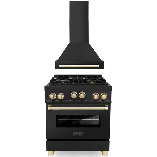 ZLINE Kitchen Appliance Packages ZLINE Autograph Package - 30 In. Gas Range, Range Hood in Black Stainless Steel with Gold Accents, 2AKP-RGBRH30-G
