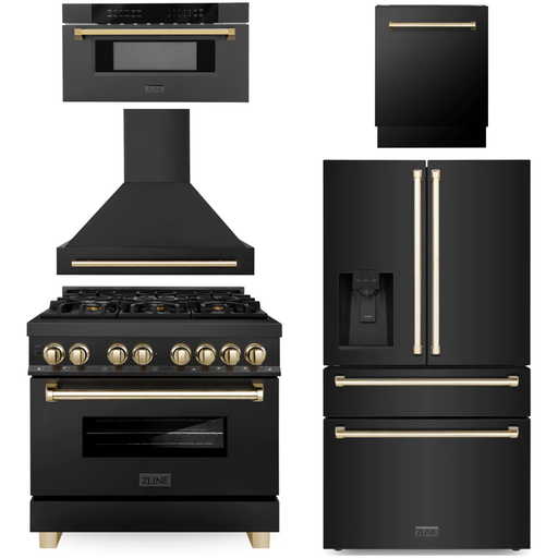 ZLINE Kitchen Appliance Packages ZLINE Autograph Package - 36" Dual Fuel Range, Range Hood, Refrigerator with Water and Ice Dispenser, Microwave and Dishwasher in Black Stainless Steel with Gold Accents