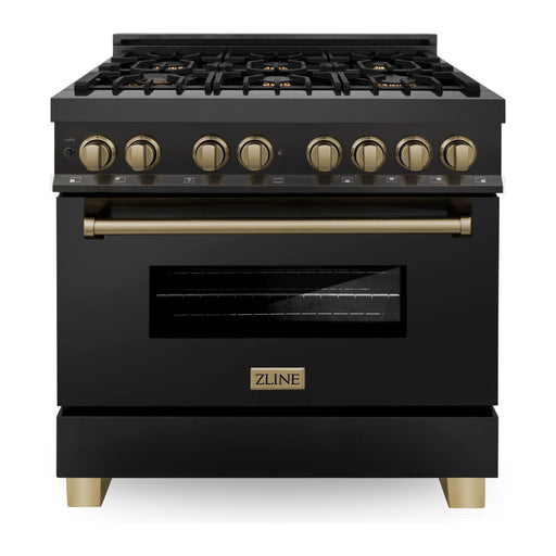 ZLINE Kitchen Appliance Packages ZLINE Autograph Package - 36 In. Dual Fuel Range and Range Hood in Black Stainless Steel with Champagne Bronze Accents, 2AKP-RABRH36-CB