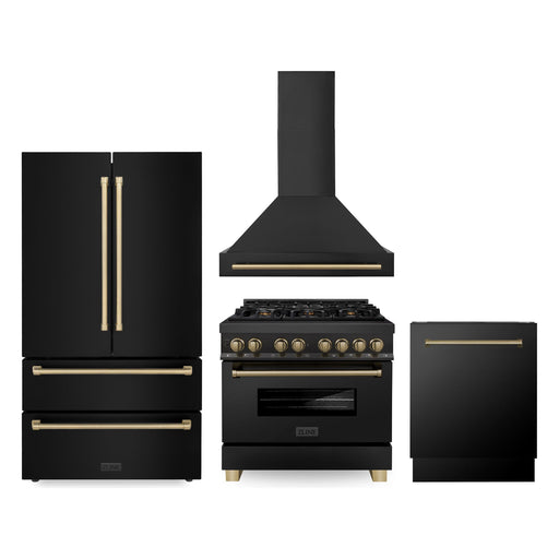 ZLINE Kitchen Appliance Packages ZLINE Autograph Package - 36 In. Dual Fuel Range, Range Hood, Refrigerator, and Dishwasher in Black Stainless Steel with Champagne Bronze Accents, 4AKPR-RABRHDWV36-CB