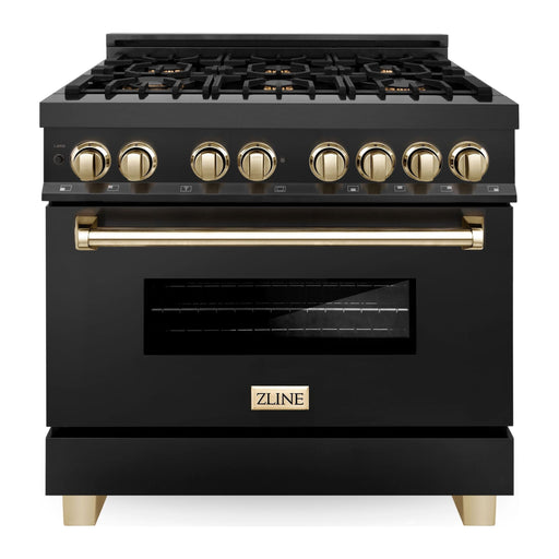ZLINE Kitchen Appliance Packages ZLINE Autograph Package - 36 In. Dual Fuel Range, Range Hood, Refrigerator with Water and Ice Dispenser, and Dishwasher in Black Stainless Steel with Gold Accents, 4KAPR-RABRHDWV36-G