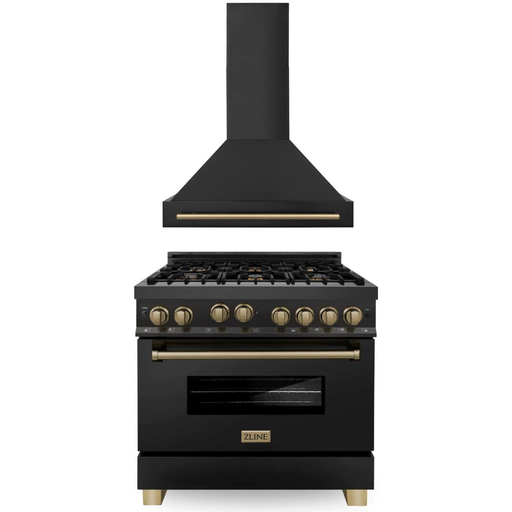 ZLINE Kitchen Appliance Packages ZLINE Autograph Package - 36 In. Gas Range, Range Hood in Black Stainless Steel with Champagne Bronze Accents, 2AKP-RGBRH36-CB