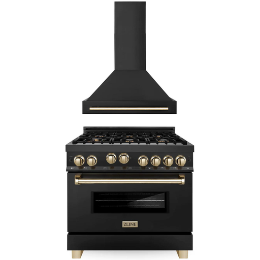 ZLINE Kitchen Appliance Packages ZLINE Autograph Package - 36 In. Gas Range, Range Hood in Black Stainless Steel with Gold, 2AKP-RGBRH36-G
