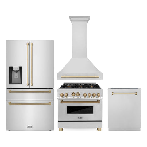 ZLINE Kitchen Appliance Packages ZLINE Autograph Package - 36 In. Gas Range, Range Hood, Refrigerator, and Dishwasher in Stainless Steel with Champagne Bronze Accents, 4AKPR-RGRHDWM36-CB