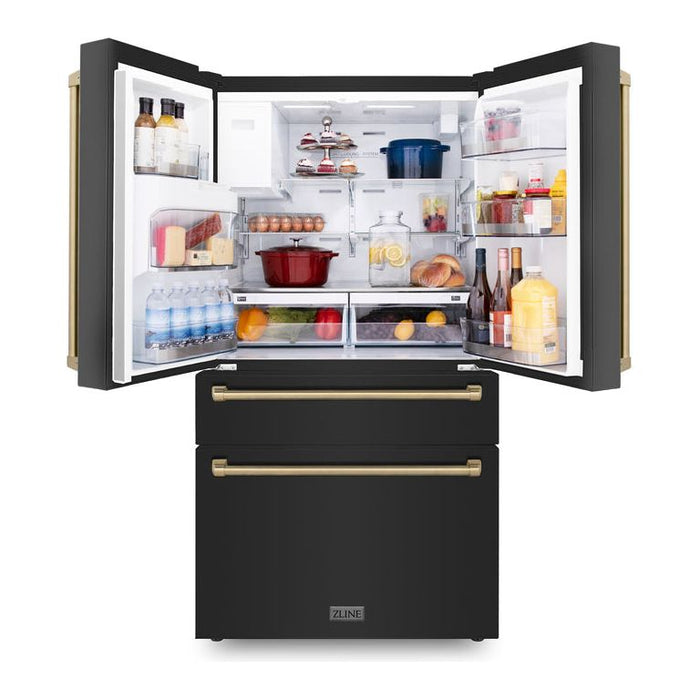 ZLINE Kitchen Appliance Packages ZLINE Autograph Package - 48" Dual Fuel Range, Range Hood, Refrigerator with Water and Ice Dispenser, Microwave and Dishwasher in Black Stainless Steel with Bronze Accents