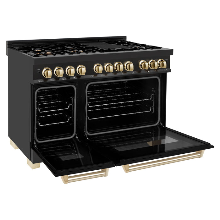 ZLINE Kitchen Appliance Packages ZLINE Autograph Package - 48" Dual Fuel Range, Range Hood, Refrigerator with Water and Ice Dispenser, Microwave and Dishwasher in Black Stainless Steel with Gold Accents