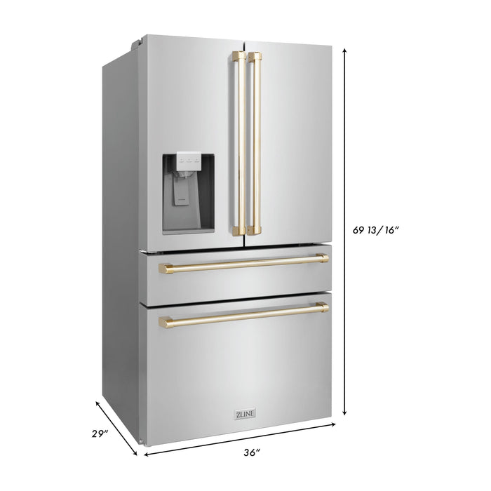 ZLINE Kitchen Appliance Packages ZLINE Autograph Package - 48" Dual Fuel Range, Range Hood, Refrigerator with Water and Ice Dispenser, Microwave and Dishwasher in Stainless Steel with Gold Accents