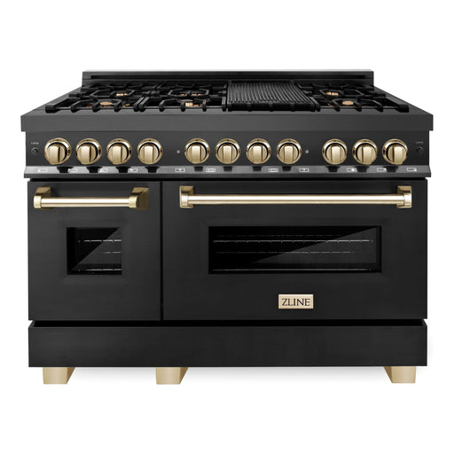 ZLINE Kitchen Appliance Packages ZLINE Autograph Package - 48 In. Dual Fuel Range and Range Hood in Black Stainless Steel with Gold Accents, 2AKPR-RABRH48-G