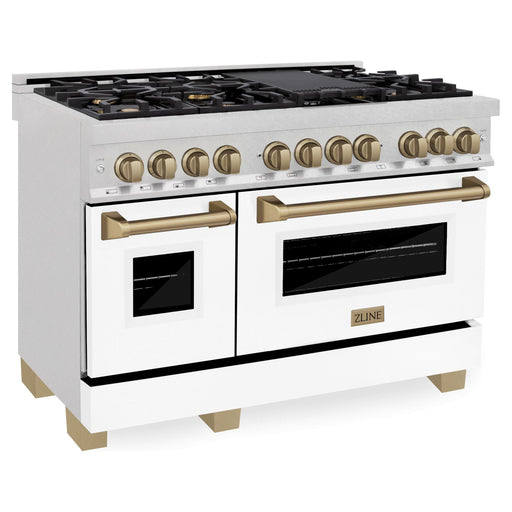 ZLINE Kitchen Appliance Packages ZLINE Autograph Package - 48 In. Dual Fuel Range and Range Hood in DuraSnow® Stainless Steel with White Matte Door and Champagne Bronze Accents, 2AKPR-RASWMRH48-CB