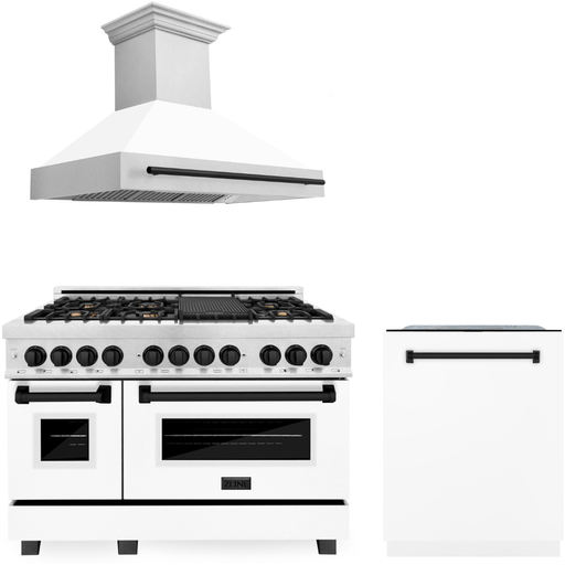 ZLINE Kitchen Appliance Packages ZLINE Autograph Package - 48 In. Dual Fuel Range, Range Hood, and Dishwasher in DuraSnow® Stainless Steel with White Matte Finish and Matte Black Accents, 3AKPR-RASWMRHDWM48-MB