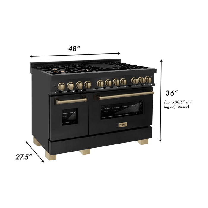 ZLINE Kitchen Appliance Packages ZLINE Autograph Package - 48 In. Dual Fuel Range, Range Hood, Dishwasher in Black Stainless Steel with Champagne Bronze Accent, 3AKP-RABRHDWV48-CB