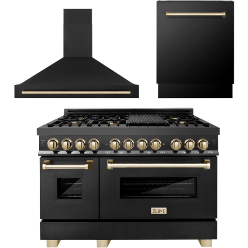 ZLINE Kitchen Appliance Packages ZLINE Autograph Package - 48 In. Dual Fuel Range, Range Hood, Dishwasher in Black Stainless Steel with Gold Accent, 3AKP-RABRHDWV48-G
