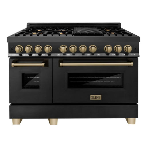 ZLINE Kitchen Appliance Packages ZLINE Autograph Package - 48 In. Dual Fuel Range, Range Hood in Black Stainless Steel with Champagne Bronze Accents, 2AKP-RABRH48-CB
