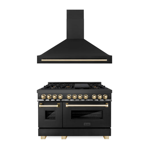 ZLINE Kitchen Appliance Packages ZLINE Autograph Package - 48 In. Dual Fuel Range, Range Hood in Black Stainless Steel with Gold Accents, 2AKP-RABRH48-G