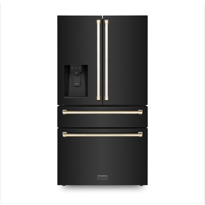ZLINE Kitchen Appliance Packages ZLINE Autograph Package - 48 In. Dual Fuel Range, Range Hood, Refrigerator with Water and Ice Dispenser, and Dishwasher in Black Stainless Steel with Gold Accents, 4KAPR-RABRHDWV48-G