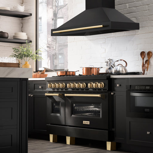 ZLINE Kitchen Appliance Packages ZLINE Autograph Package - 48 In. Gas Range and Range Hood in Black Stainless Steel with Gold Accents, 2AKPR-RGBRH48-G