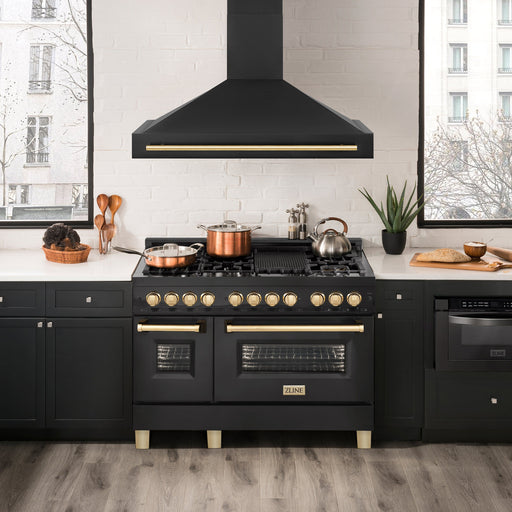 ZLINE Kitchen Appliance Packages ZLINE Autograph Package - 48 In. Gas Range, Range Hood and Dishwasher in Black Stainless Steel with Gold Accents, 3AKPR-RGBRHDWV48-G