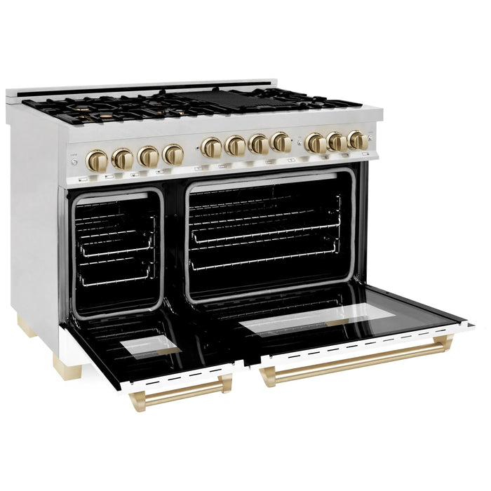 ZLINE Kitchen Appliance Packages ZLINE Autograph Package - 48 In. Gas Range, Range Hood and Dishwasher in with White Matte Door and Gold Accents, 3AKPR-RGSWMRHDWM48-G