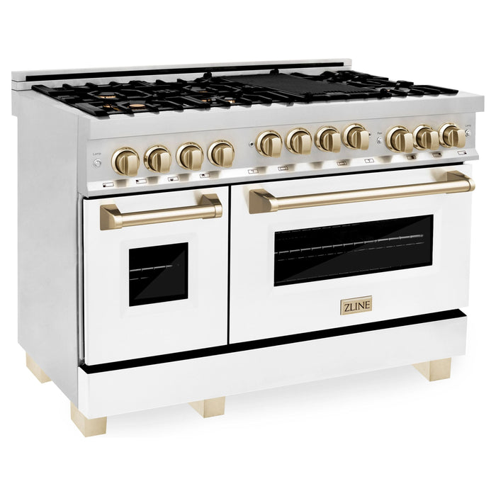 ZLINE Kitchen Appliance Packages ZLINE Autograph Package - 48 In. Gas Range, Range Hood, and Dishwasher with White Matte Door and Gold Accents, 3AKPR-RGWMRH48-G