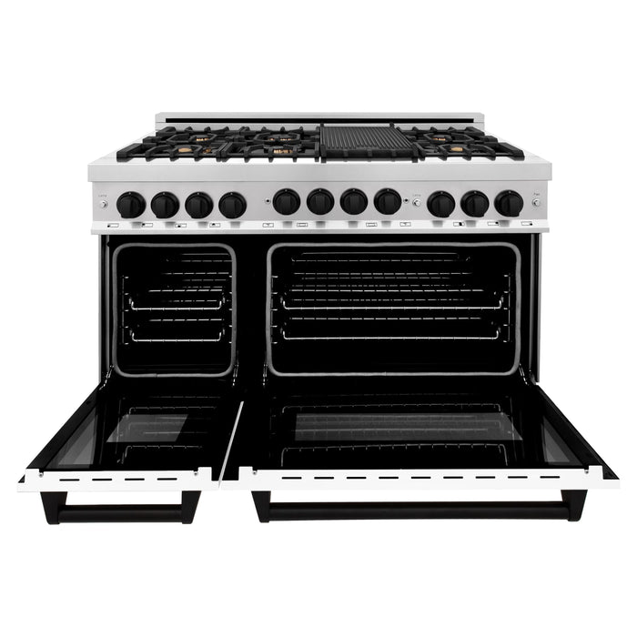 ZLINE Kitchen Appliance Packages ZLINE Autograph Package - 48 In. Gas Range, Range Hood, and Dishwasher with White Matte Door and Matte Black Accents, 3AKPR-RGWMRH48-MB