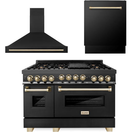 ZLINE Kitchen Appliance Packages ZLINE Autograph Package - 48 In. Gas Range, Range Hood, Dishwasher in Black Stainless Steel with Gold Accents, 3AKP-RGBRHDWV48-G