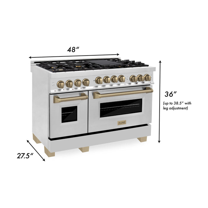 ZLINE Kitchen Appliance Packages ZLINE Autograph Package - 48 In. Gas Range, Range Hood, Dishwasher in Stainless Steel with Champagne Bronze Accents, 3AKP-RGRHDWM48-CB