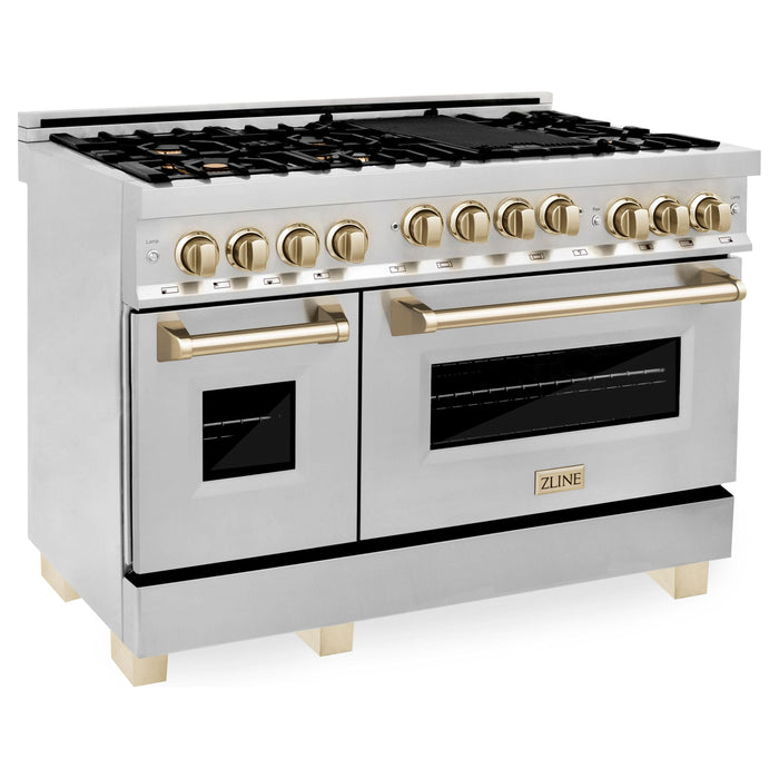 ZLINE Kitchen Appliance Packages ZLINE Autograph Package - 48 In. Gas Range, Range Hood, Dishwasher in Stainless Steel with Gold Accents, 3AKP-RGRHDWM48-G