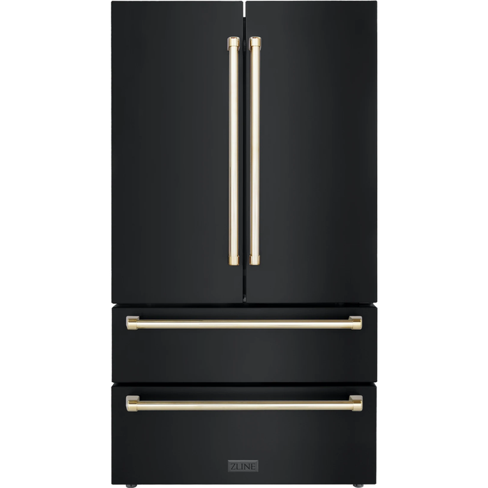 ZLINE Kitchen Appliance Packages ZLINE Autograph Package - 48 In. Gas Range, Range Hood, Refrigerator, and Dishwasher in Black Stainless Steel with Gold Accents, 4AKPR-RGBRHDWV48-G