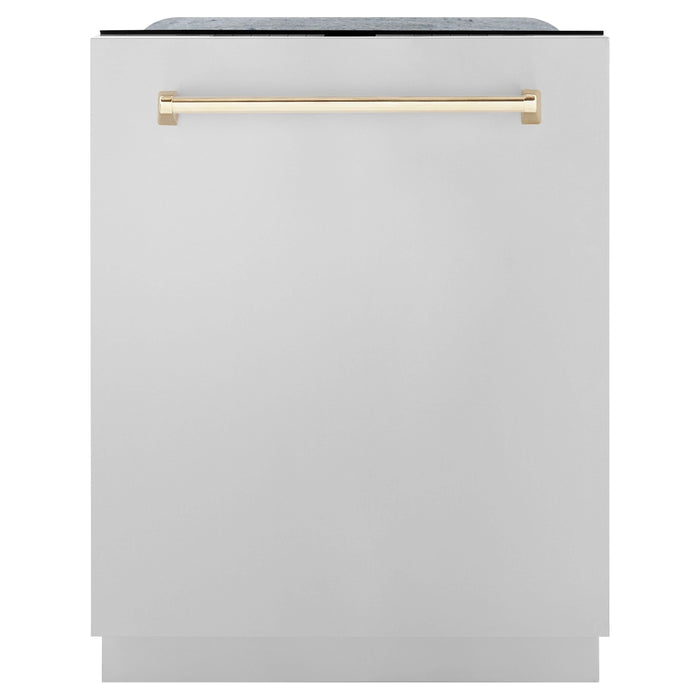ZLINE Kitchen Appliance Packages ZLINE Autograph Package - 48 In. Gas Range, Range Hood, Refrigerator, and Dishwasher in Stainless Steel with Gold Accents, 4KAPR-RGRHDWM48-G