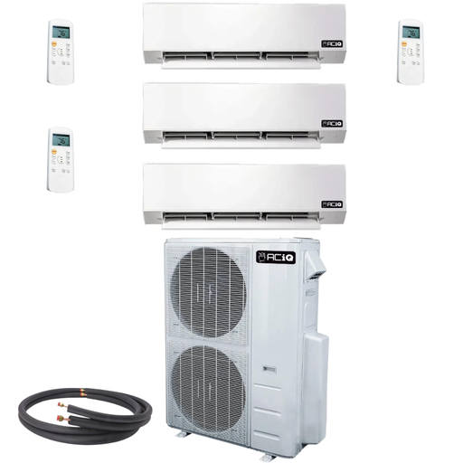 ACiQ Mini Split - 30,000 BTU 3 Zone Ductless Air Conditioner and Heat Pump with 3x 30 Ft. Line Sets