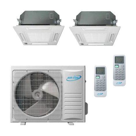 Air-Con 18,000 BTU 22 SEER 2-Zone Ceiling Cassette 9K+12K Mini-Split Heat Pump System