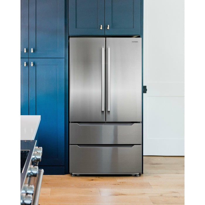 Cosmo Refrigerators Cosmo 22.5 cu. ft. 4-Door French Door Refrigerator with Pull Handle in Stainless Steel, Counter Depth COS-FDR225RHSS-G