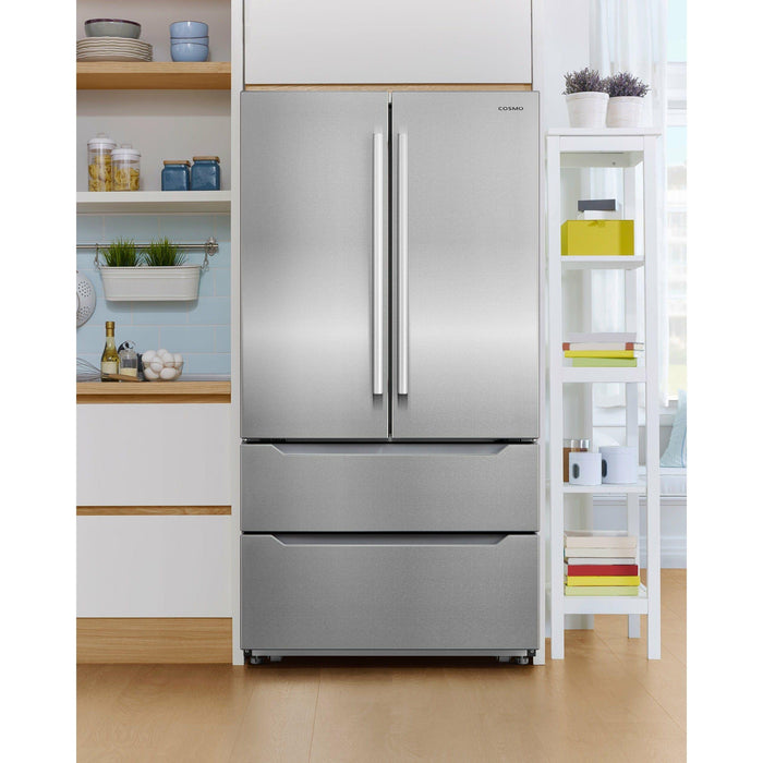 Cosmo Refrigerators Cosmo 22.5 cu. ft. 4-Door French Door Refrigerator with Pull Handle in Stainless Steel, Counter Depth COS-FDR225RHSS-G